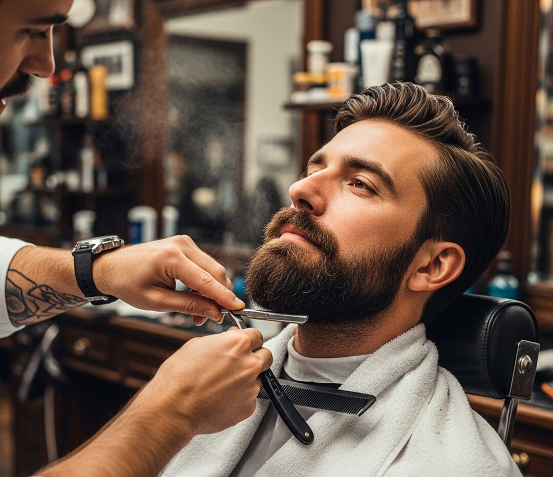 Man getting a beard trim at a barbershop while a barber shapes his beard with scissors and comb.