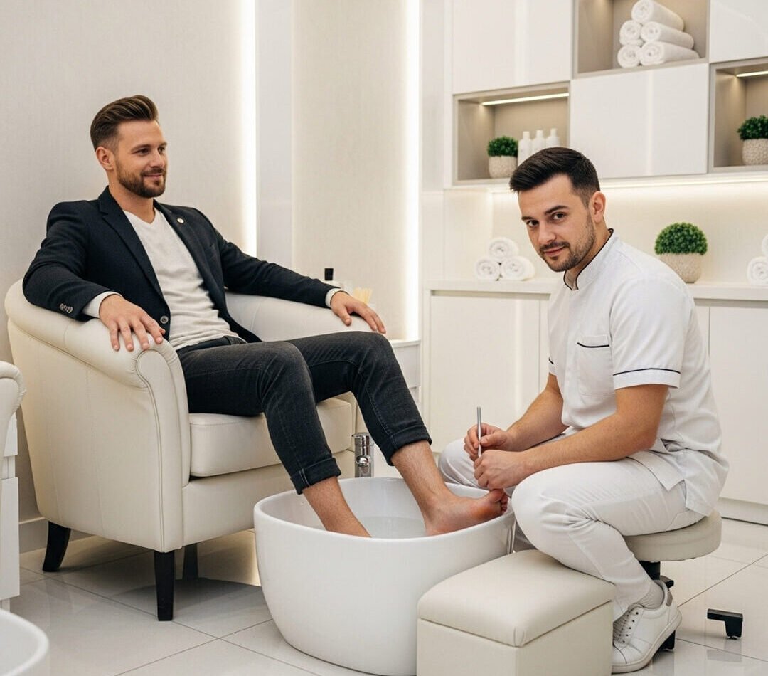 Majestic Pedicure​ applied by a professional to a young man in reset salon