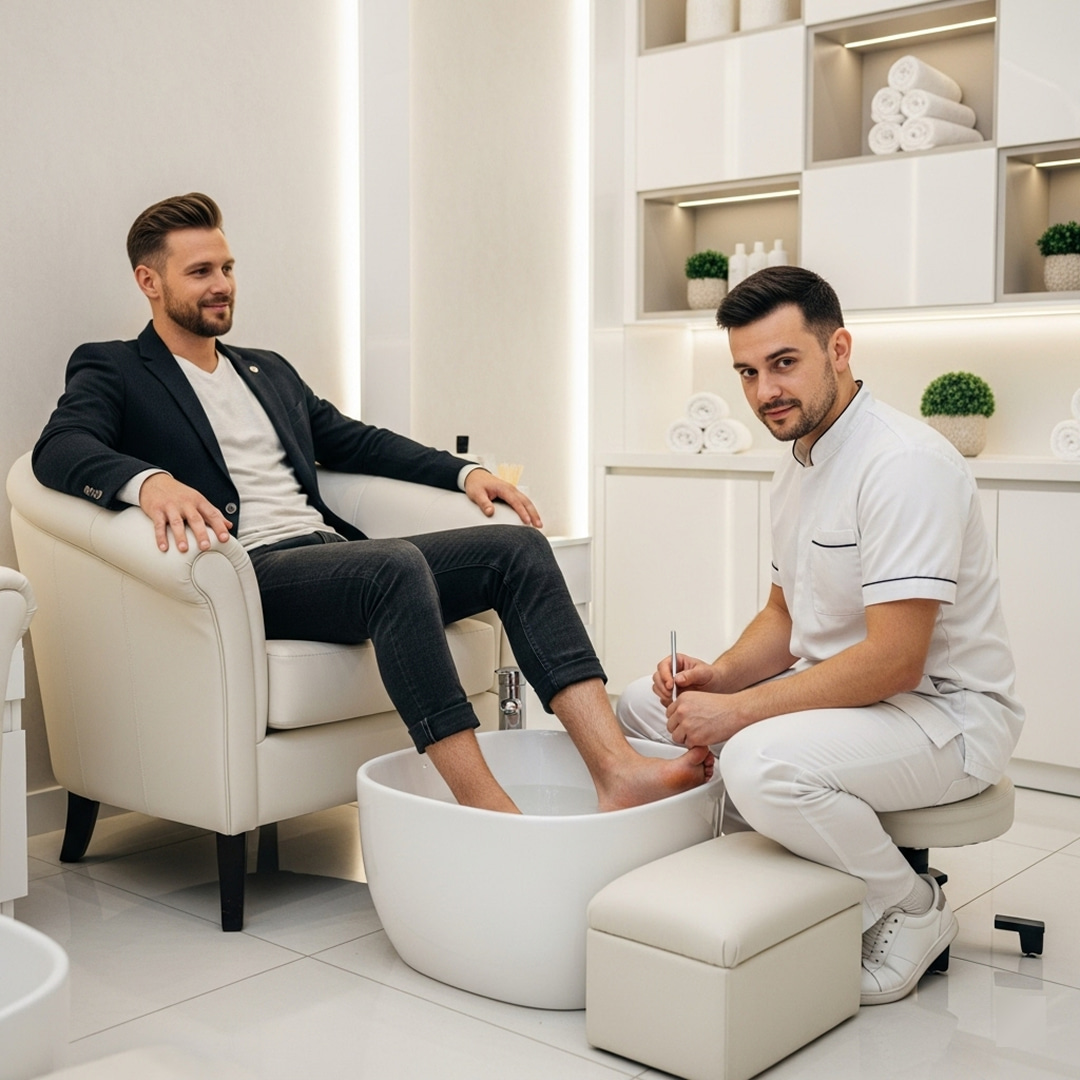 Majestic Pedicure​ applied by a professional to a young man in reset salon