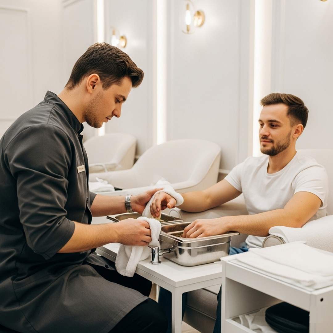 young guy having Paraffin treatment from a professional