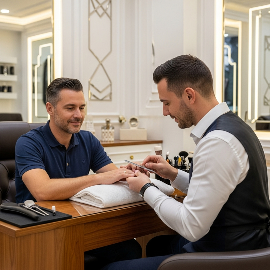 professional applying Manicure​ on man in Reset Salon