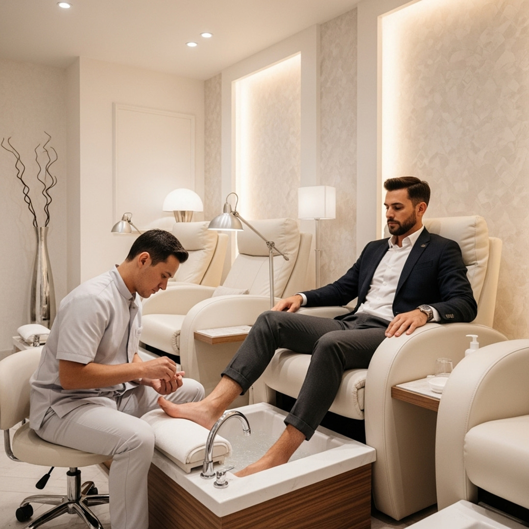 professional applying Pedicure​ on man in Reset Salon