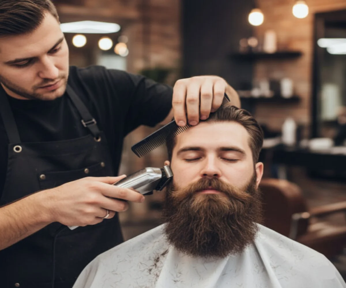 A barber trimming a client’s hair with electric clippers while using a comb to guide the cut; the client, who has a full beard, sits with eyes closed in a barbershop setting.